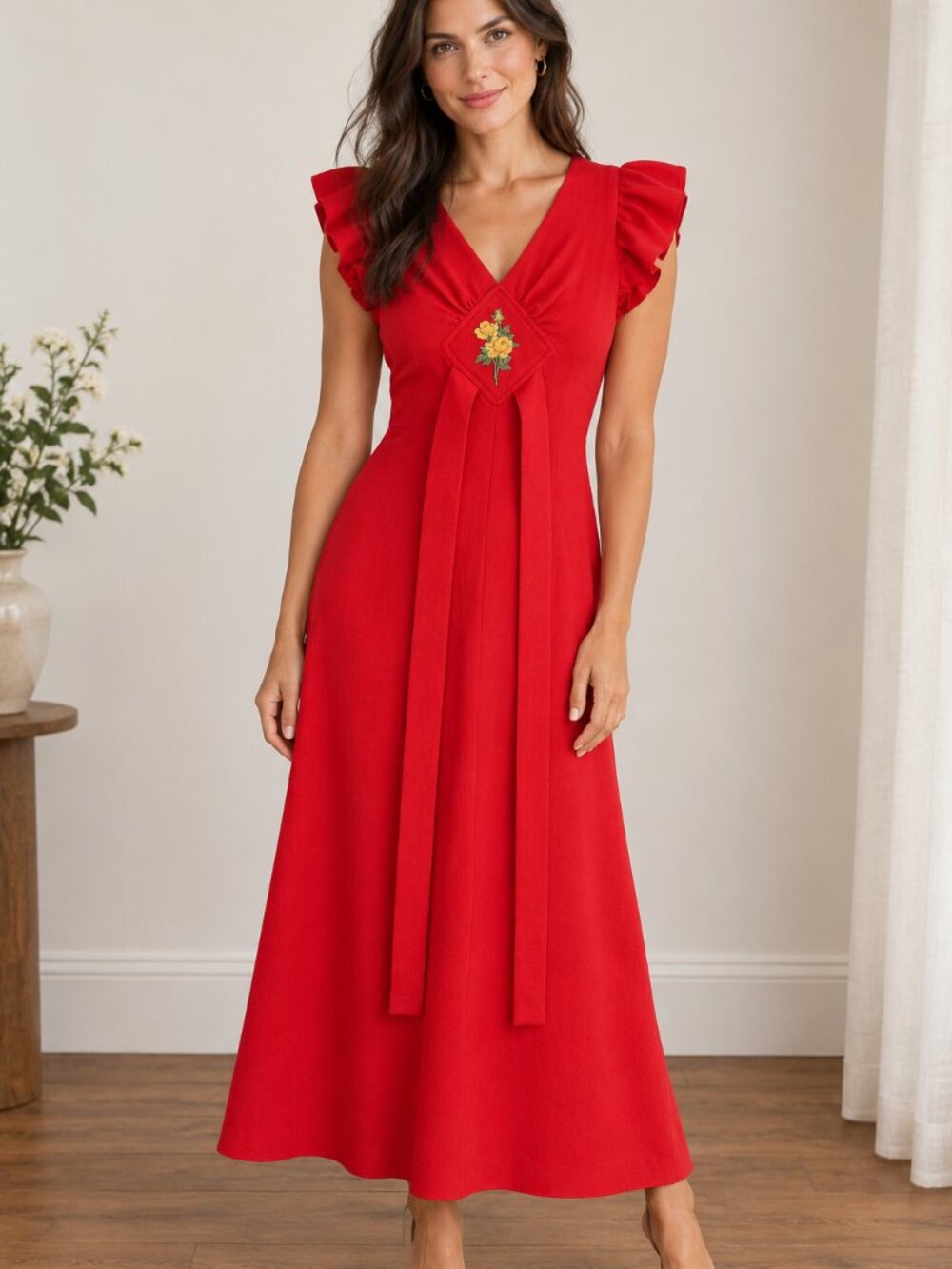 Vintage Red Embroidered Flutter-Sleeve Maxi Dress